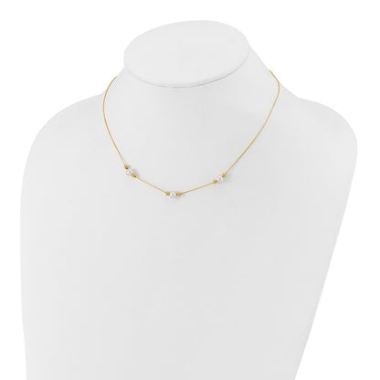 14K Yellow Gold Polished White Round Freshwater Cultured Pearl And Bead 3 Station 16 Inch Necklace Plus 2 Extender