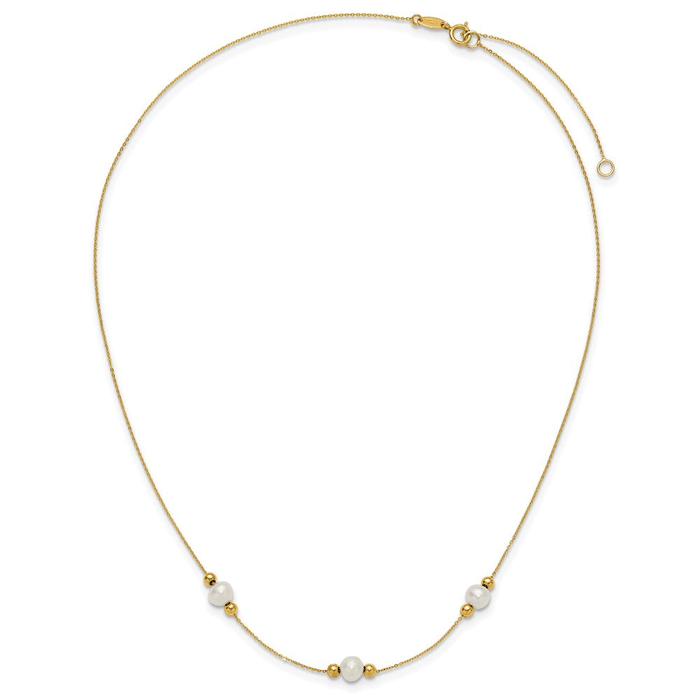 14K Yellow Gold Polished White Round Freshwater Cultured Pearl And Bead 3 Station 16 Inch Necklace Plus 2 Extender