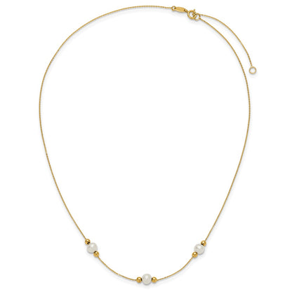 14K Yellow Gold Polished White Round Freshwater Cultured Pearl And Bead 3 Station 16 Inch Necklace Plus 2 Extender