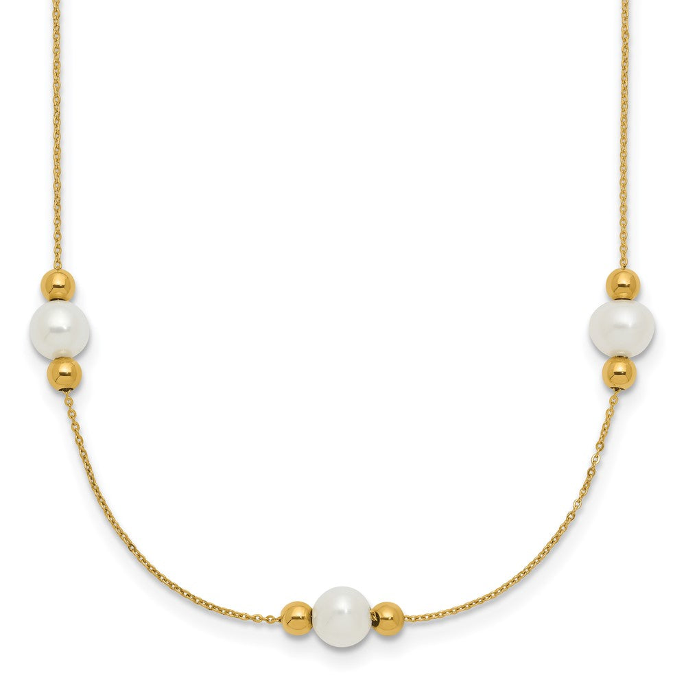 14K Yellow Gold Polished White Round Freshwater Cultured Pearl And Bead 3 Station 16 Inch Necklace Plus 2 Extender