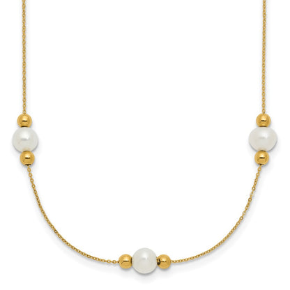 14K Yellow Gold Polished White Round Freshwater Cultured Pearl And Bead 3 Station 16 Inch Necklace Plus 2 Extender