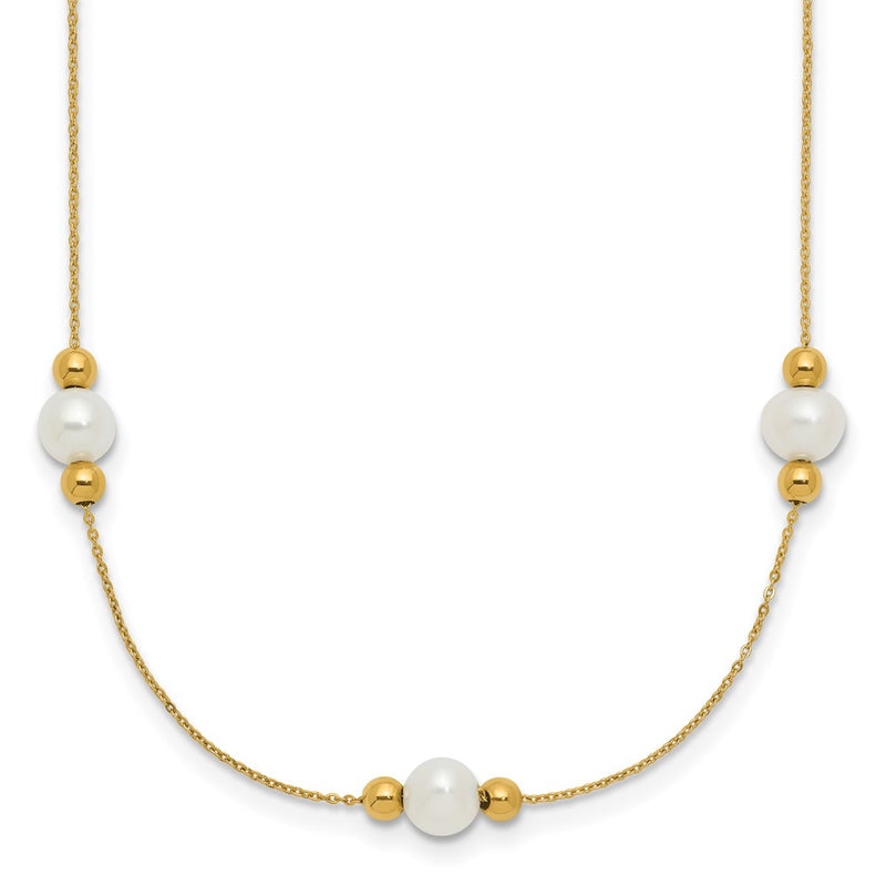14K Yellow Gold Polished White Round Freshwater Cultured Pearl And Bead 3 Station 16 Inch Necklace Plus 2 Extender