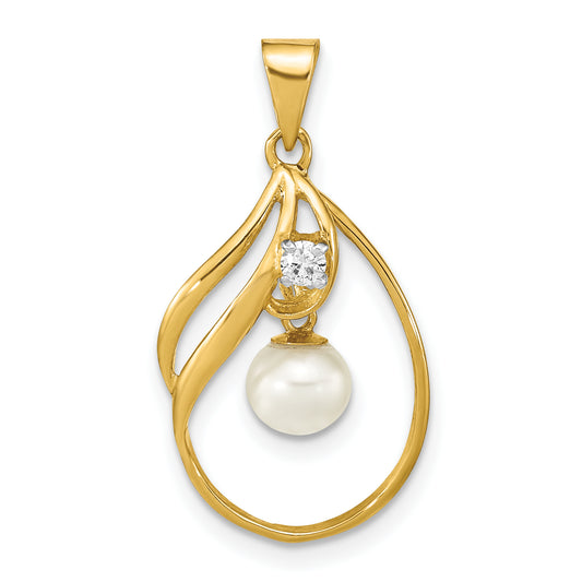 14k Yellow Gold 14k 5-6mm White Round Freshwater Cultured Pearl and .05 Carat Diamond Pendant