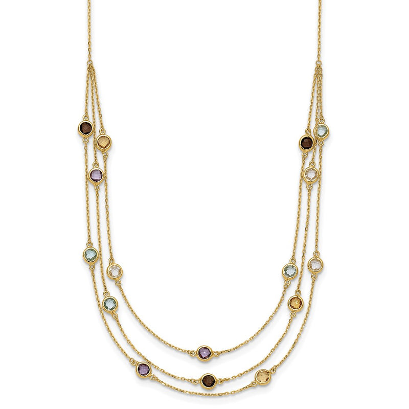14K Yellow Gold Smoky Quartz White Quartz/Bt/Ci/Am 3 Strand 17In Necklace