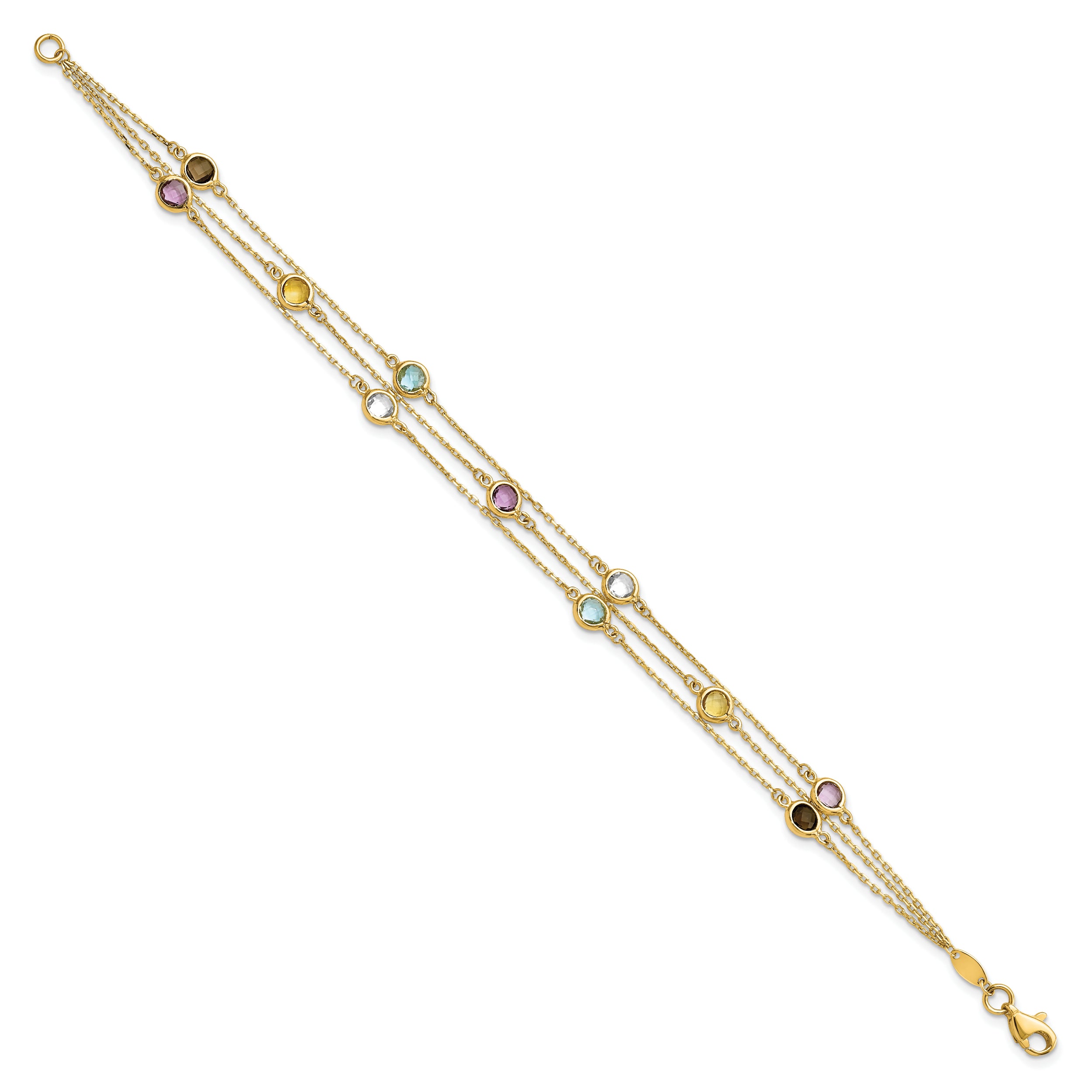 14K Yellow Gold Smoky Quartz White Quartz/Bt/Ci/Am 3 Strand 7.5In Bracelet