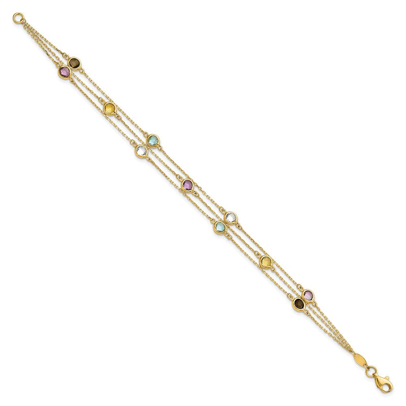 14K Yellow Gold Smoky Quartz White Quartz/Bt/Ci/Am 3 Strand 7.5In Bracelet