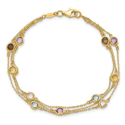14K Yellow Gold Smoky Quartz White Quartz/Bt/Ci/Am 3 Strand 7.5In Bracelet