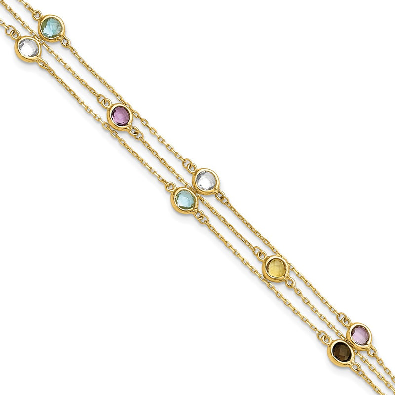 14K Yellow Gold Smoky Quartz White Quartz/Bt/Ci/Am 3 Strand 7.5In Bracelet