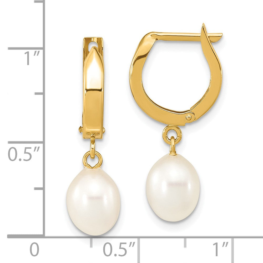 14K Yellow Gold 6 7mm White Rice Freshwater Cultured Pearl Hoop Dangle Earrings