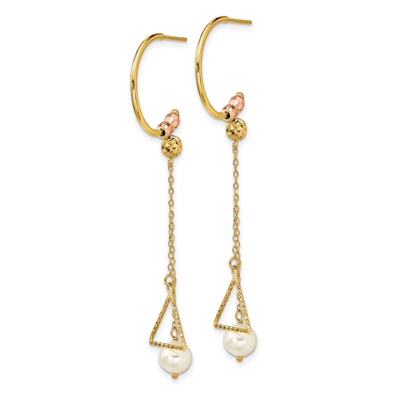 14K Two Tone Half Circle Diamond Cut 6mm Fw Cultured Pearl Dangle Earrings