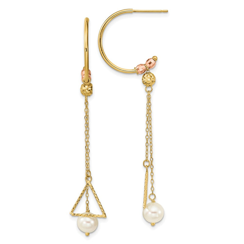 14K Two Tone Half Circle Diamond Cut 6mm Fw Cultured Pearl Dangle Earrings