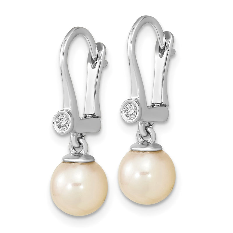 14K White Gold 7 8mm Round Akoya Saltwater Cultured Pearl And .05 Carat Diamond Dangle Earrings