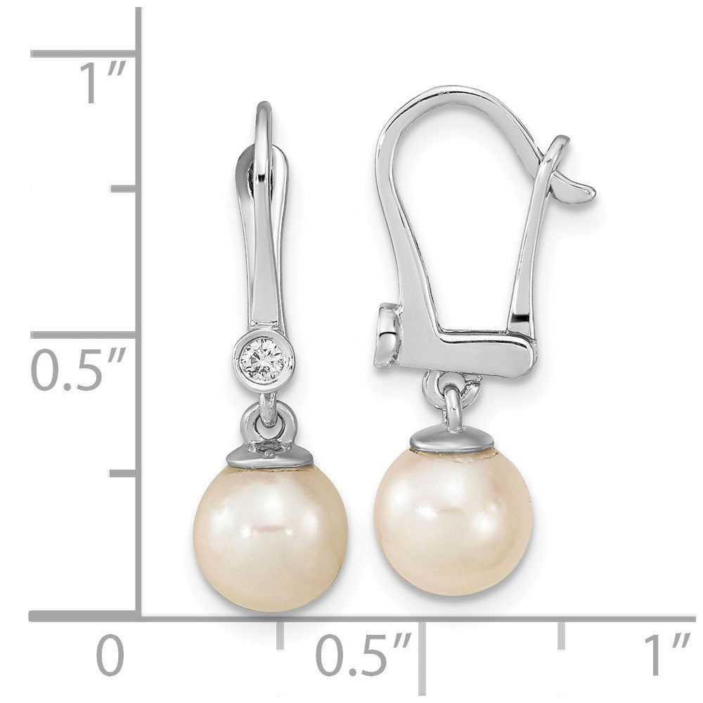 14K White Gold 7 8mm Round Akoya Saltwater Cultured Pearl And .05 Carat Diamond Dangle Earrings