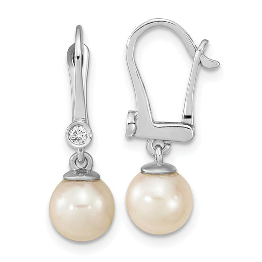 14K White Gold 7 8mm Round Akoya Saltwater Cultured Pearl And .05 Carat Diamond Dangle Earrings