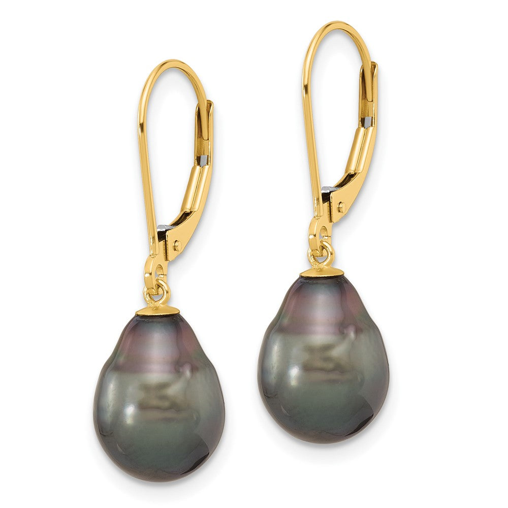 14K Yellow Gold 8-9mm Teardrop Blk Saltwater Tahitian Pearl Leverback Earrings