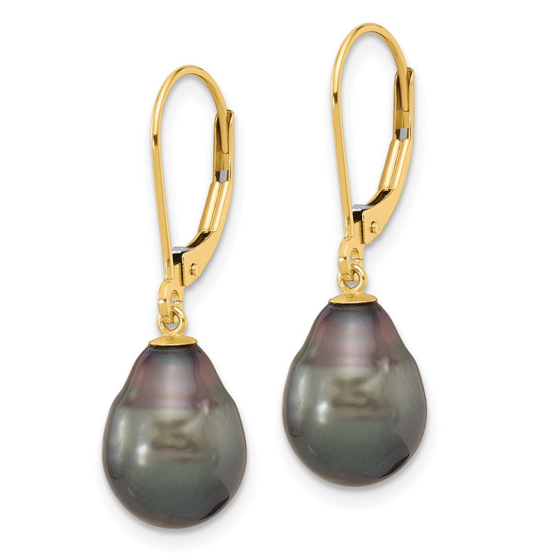 14K Yellow Gold 8-9mm Teardrop Blk Saltwater Tahitian Pearl Leverback Earrings