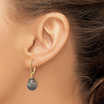 14K Yellow Gold 8-9mm Teardrop Blk Saltwater Tahitian Pearl Leverback Earrings