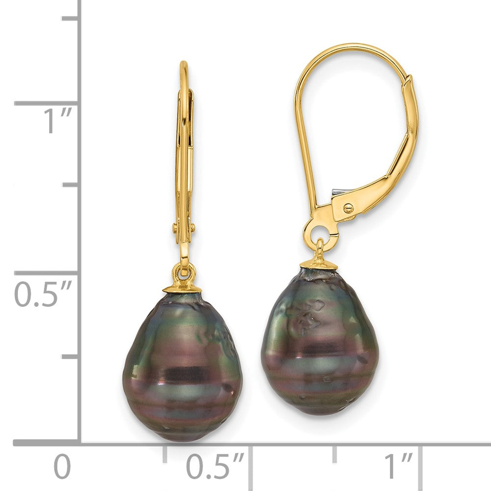 14K Yellow Gold 8-9mm Teardrop Blk Saltwater Tahitian Pearl Leverback Earrings