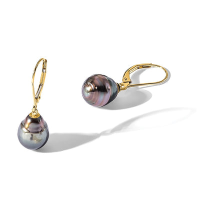 14K Yellow Gold 8-9mm Teardrop Blk Saltwater Tahitian Pearl Leverback Earrings