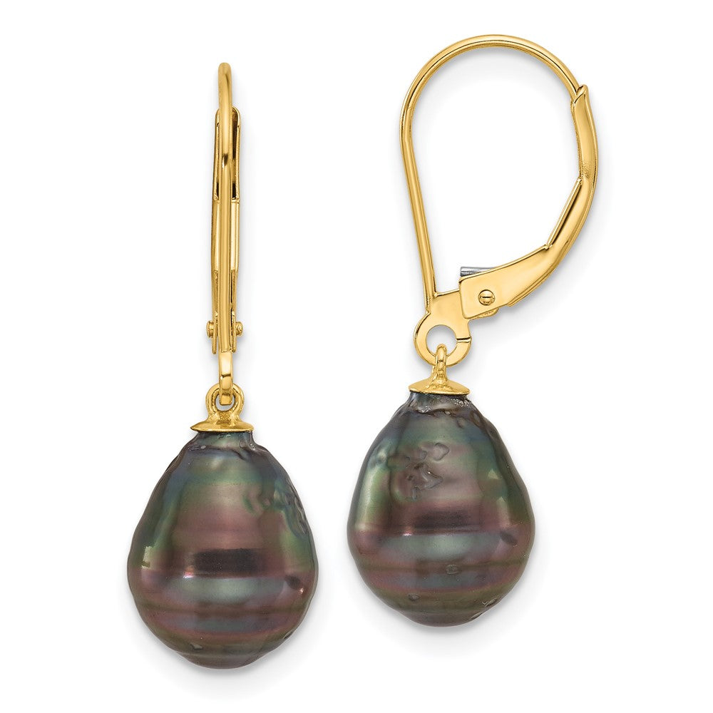 14K Yellow Gold 8-9mm Teardrop Blk Saltwater Tahitian Pearl Leverback Earrings