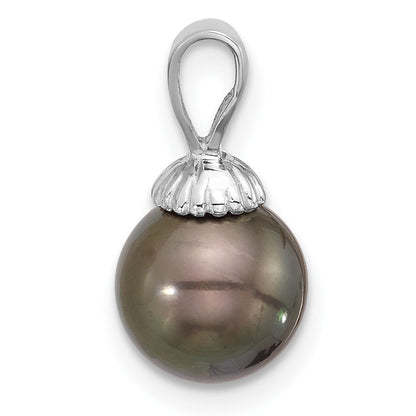 14K White Gold 8-9mm Round Black Tahitian Pearl Pendant