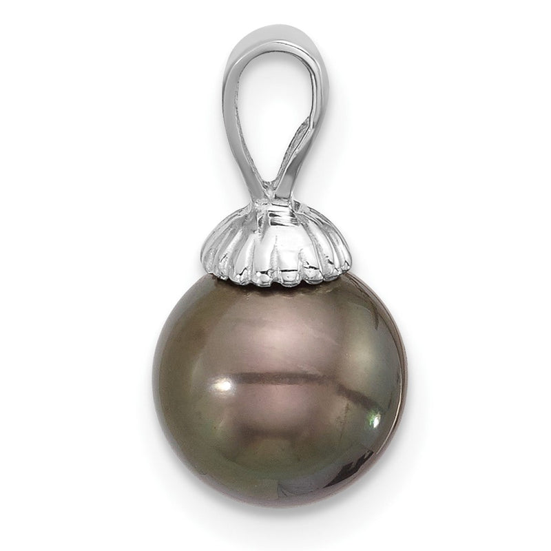 14K White Gold 8-9mm Round Black Tahitian Pearl Pendant