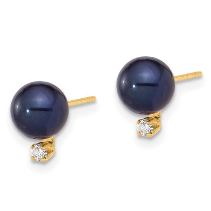 14K Yellow Gold 6-7mm Round Black Fwc Pearl and .06ct Diamond Post Earrings