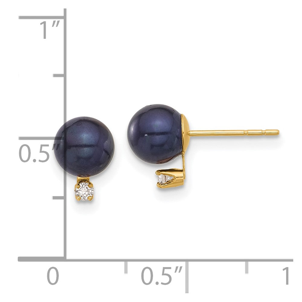 14K Yellow Gold 6-7mm Round Black Fwc Pearl and .06ct Diamond Post Earrings