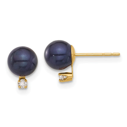 14K Yellow Gold 6-7mm Round Black Fwc Pearl and .06ct Diamond Post Earrings