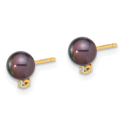 14K Yellow Gold 5-6mm Round Black Fwc Pearl and .02ct Diamond Post Earrings