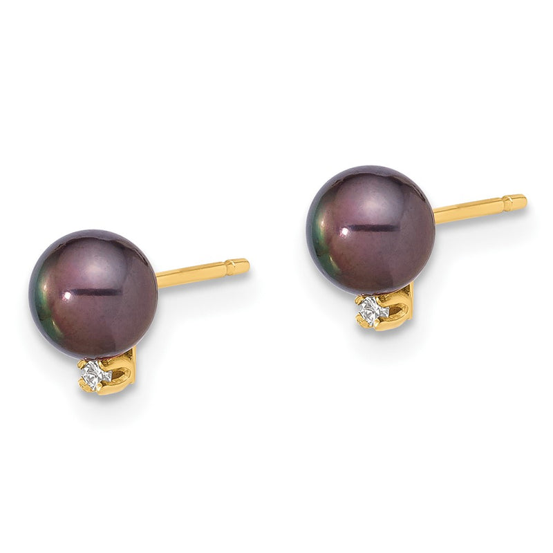 14K Yellow Gold 5-6mm Round Black Fwc Pearl and .02ct Diamond Post Earrings