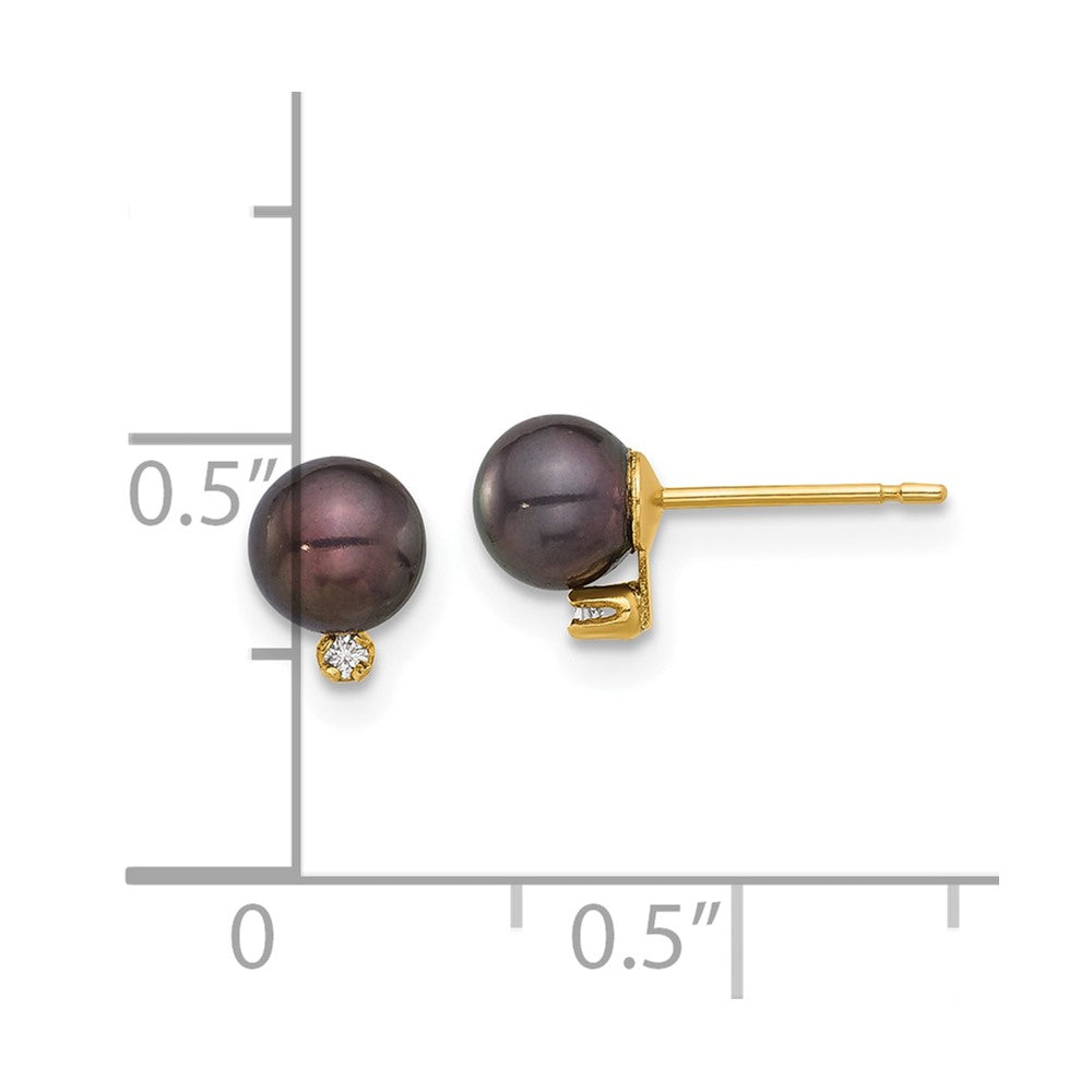 14K Yellow Gold 5-6mm Round Black Fwc Pearl and .02ct Diamond Post Earrings