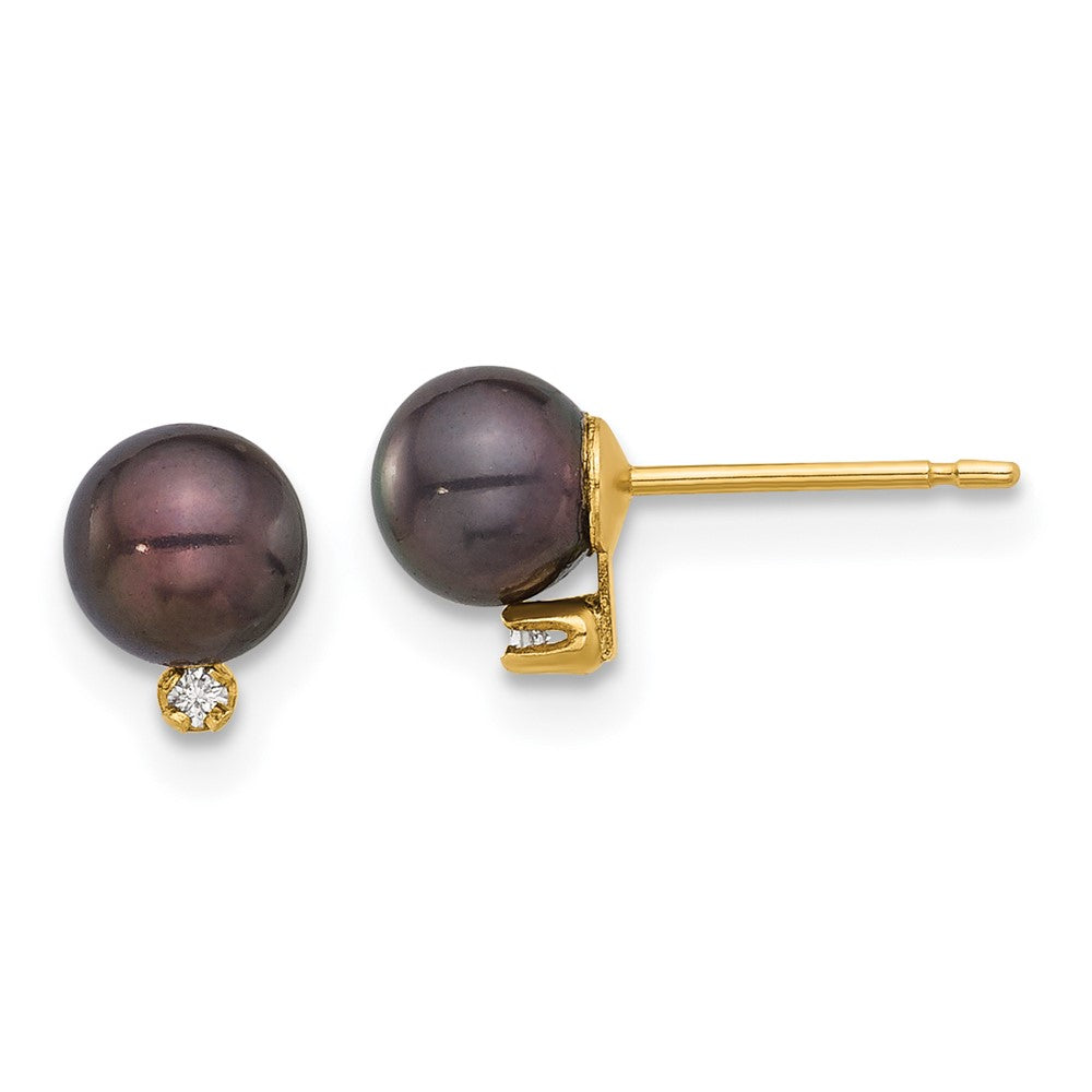 14K Yellow Gold 5-6mm Round Black Fwc Pearl and .02ct Diamond Post Earrings