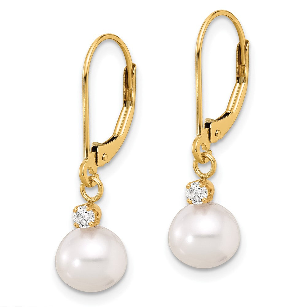 14K Yellow Gold 7-8mm Round White Fwc Pearl and .10ct Diamond Leverback Earrings