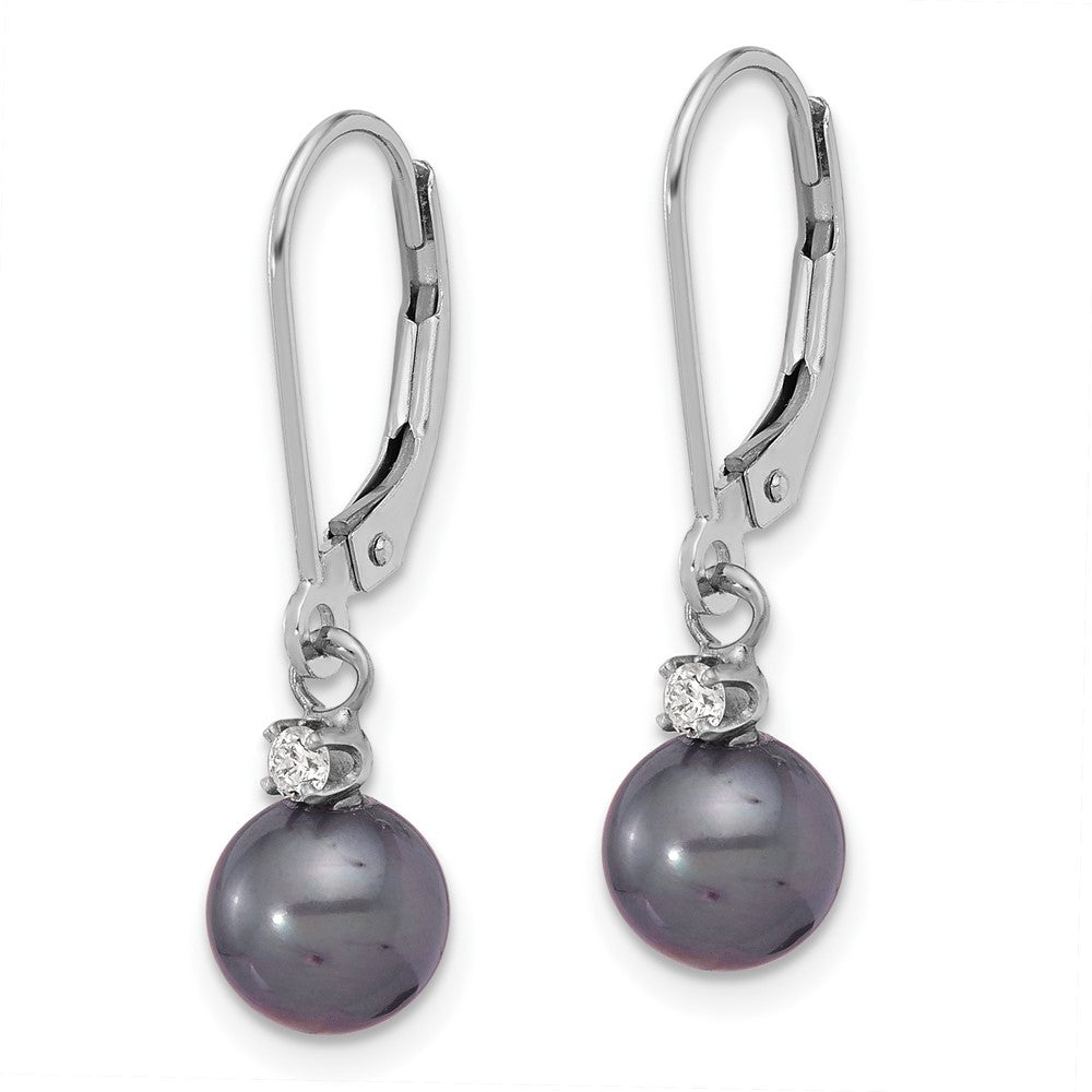 14K White Gold 7-8mm Round Black Fwc Pearl .10ct Dia Dangle Earrings