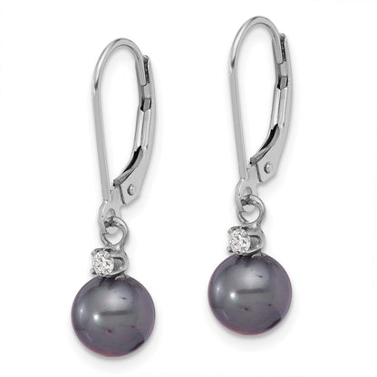 14K White Gold 7-8mm Round Black Fwc Pearl .10ct Dia Dangle Earrings