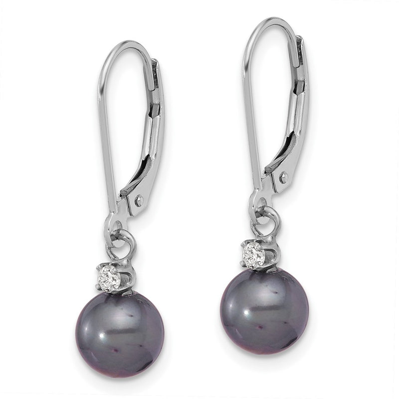 14K White Gold 7-8mm Round Black Fwc Pearl .10ct Dia Dangle Earrings