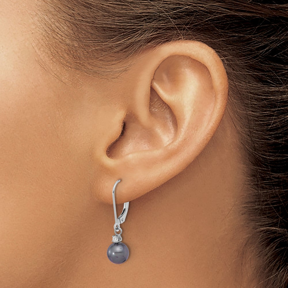 14K White Gold 7-8mm Round Black Fwc Pearl .10ct Dia Dangle Earrings
