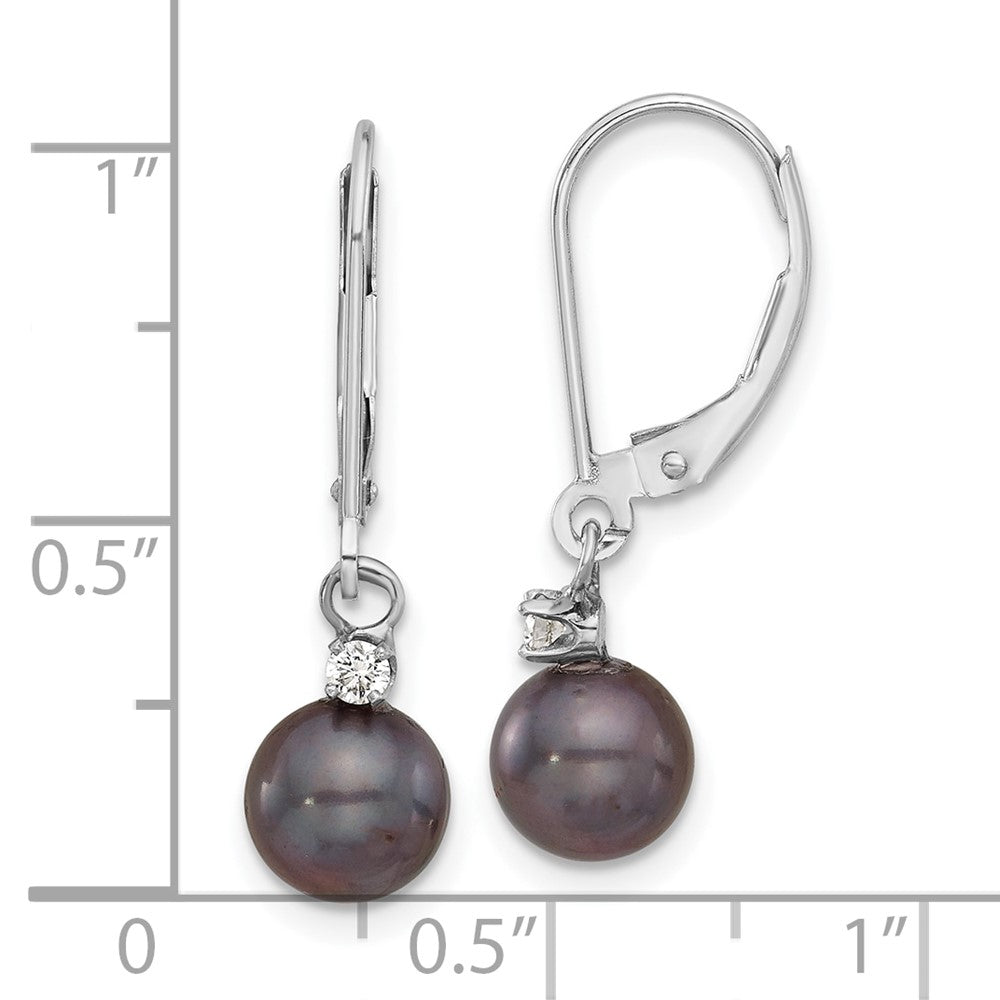 14K White Gold 7-8mm Round Black Fwc Pearl .10ct Dia Dangle Earrings
