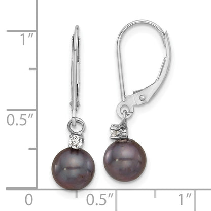 14K White Gold 7-8mm Round Black Fwc Pearl .10ct Dia Dangle Earrings