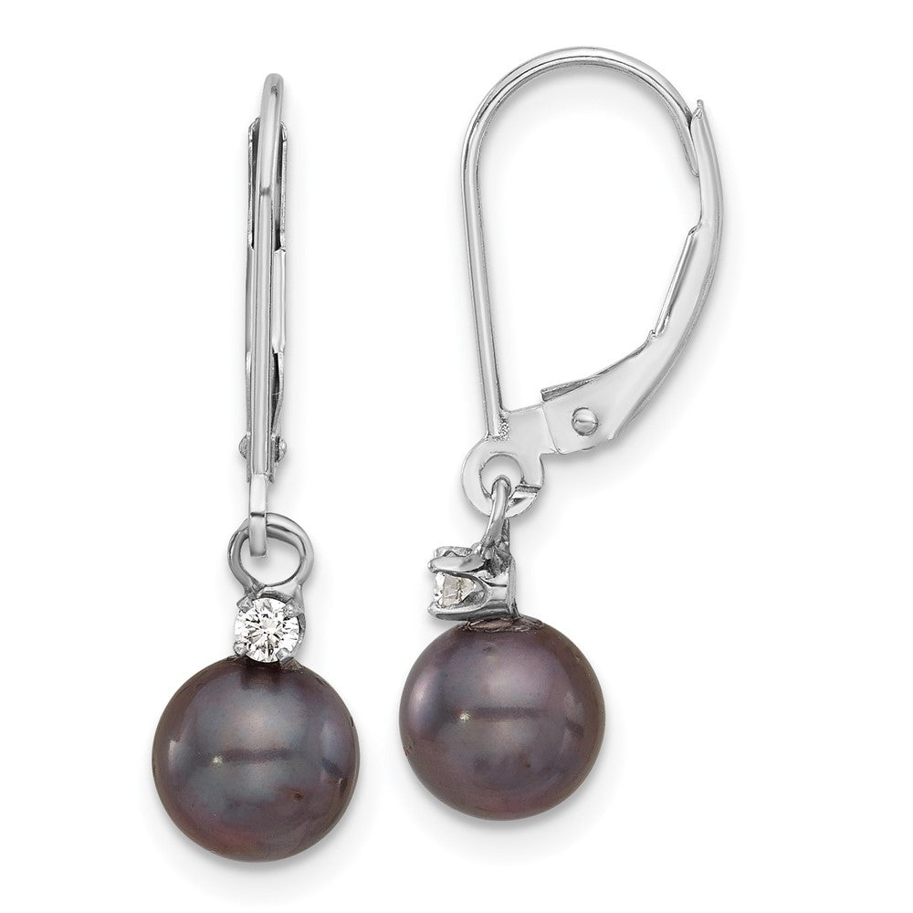 14K White Gold 7-8mm Round Black Fwc Pearl .10ct Dia Dangle Earrings