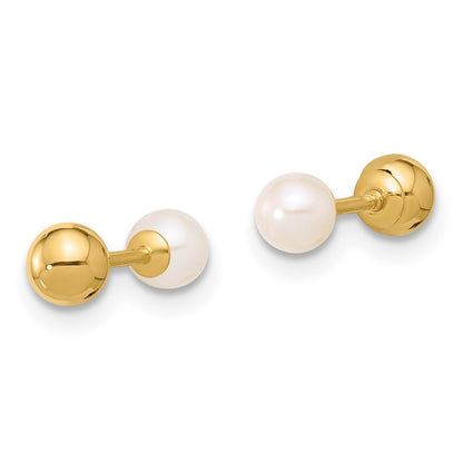 14K Yellow Gold 3-4mm Round Fwc Pearl Front and Back Ball Post Earrings