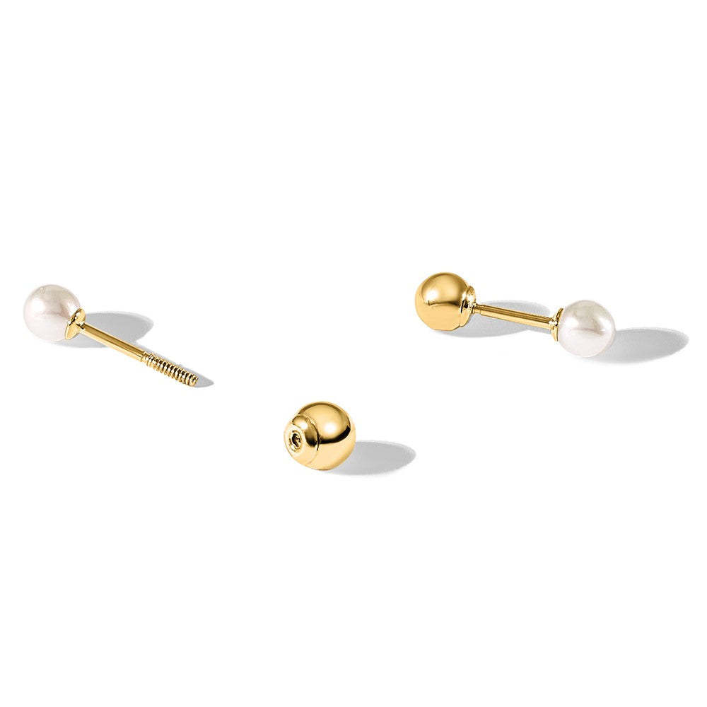 14K Yellow Gold 3-4mm Round Fwc Pearl Front and Back Ball Post Earrings