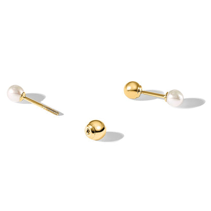 14K Yellow Gold 3-4mm Round Fwc Pearl Front and Back Ball Post Earrings