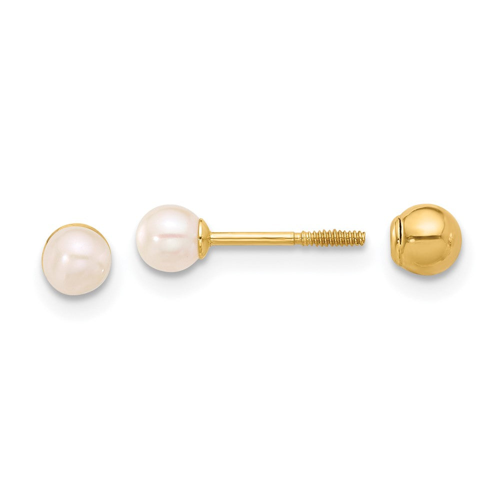 14K Yellow Gold 3-4mm Round Fwc Pearl Front and Back Ball Post Earrings