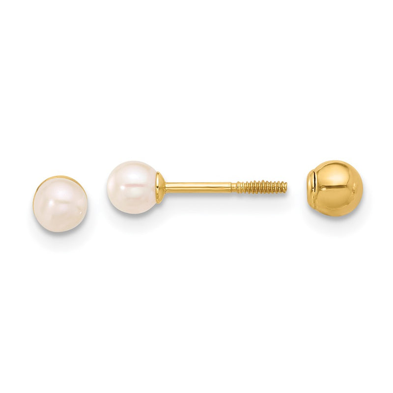 14K Yellow Gold 3-4mm Round Fwc Pearl Front and Back Ball Post Earrings