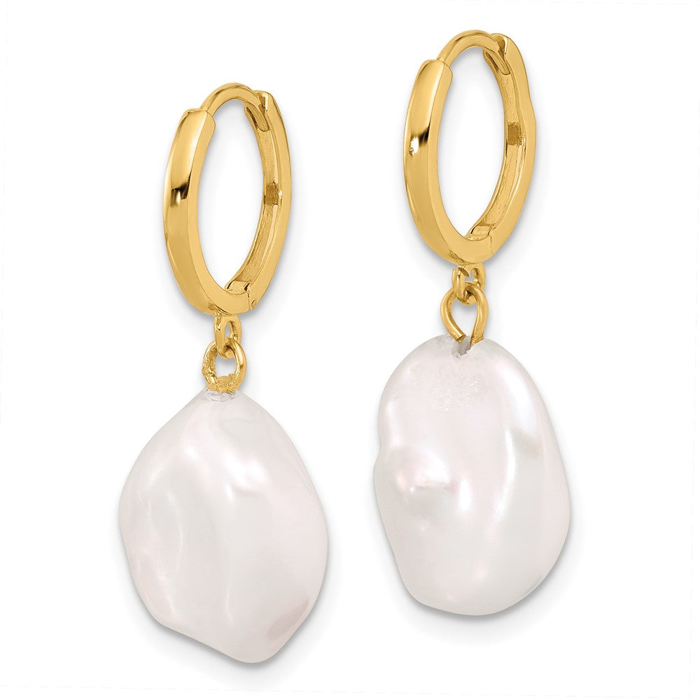 14K Yellow Gold 11-12mm White Keshi Freshwater Cultured Pearl Dangle Hoop Earrings