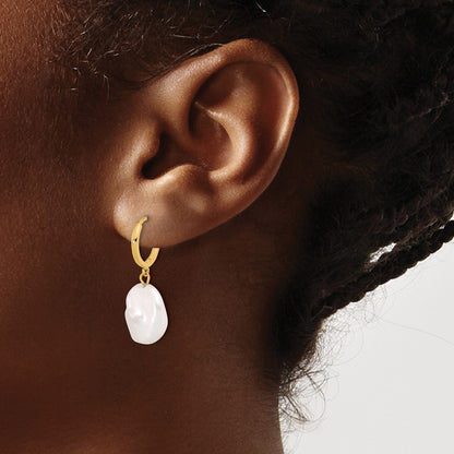 14K Yellow Gold 11-12mm White Keshi Freshwater Cultured Pearl Dangle Hoop Earrings