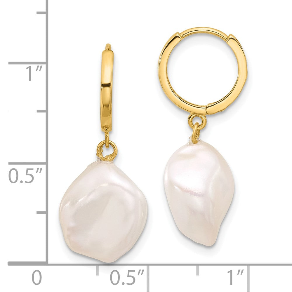 14K Yellow Gold 11-12mm White Keshi Freshwater Cultured Pearl Dangle Hoop Earrings