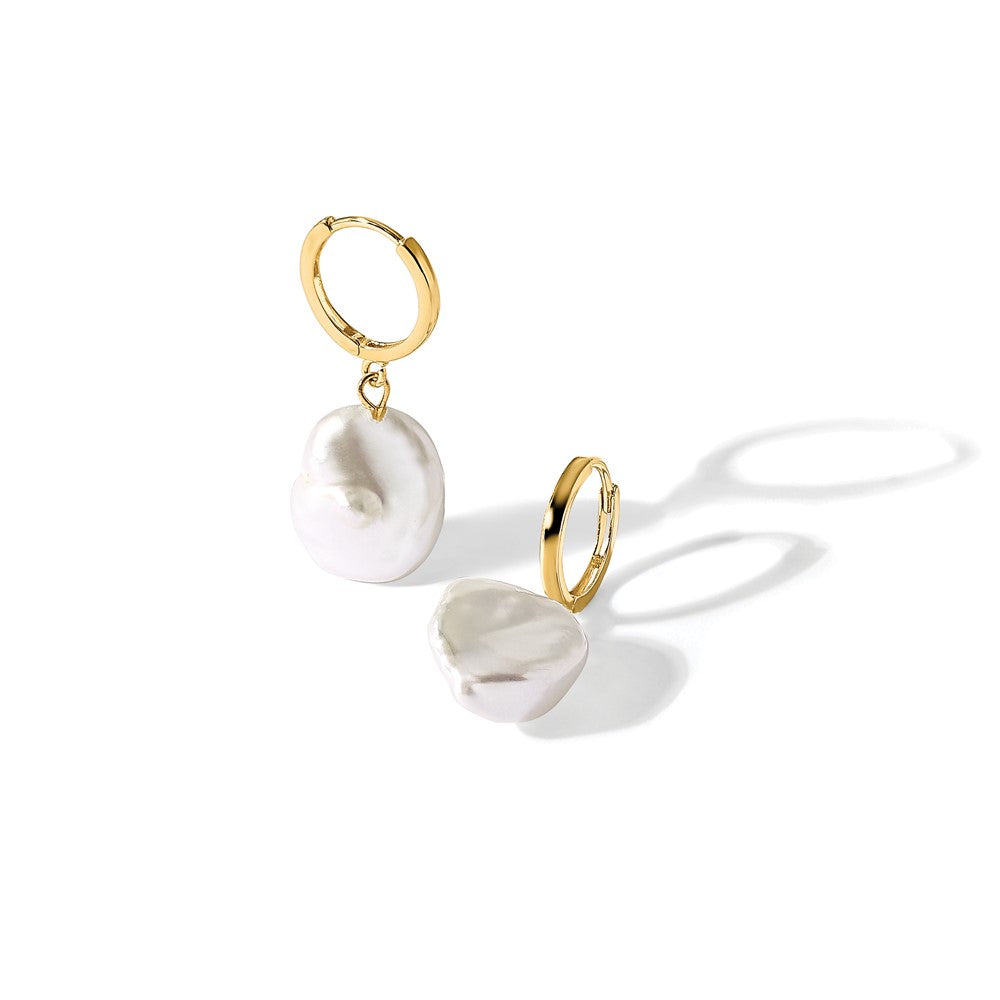 14K Yellow Gold 11-12mm White Keshi Freshwater Cultured Pearl Dangle Hoop Earrings
